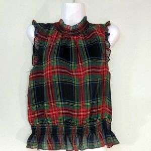 J Crew Women's  Stewart Tartan Plaid Smocked Peplum Top SMALL